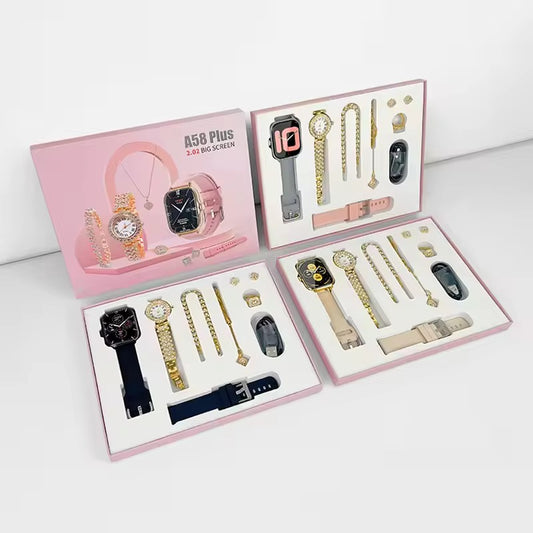 Montre Femme Luxe & Smartwatch Rose – Coffret Élégant avec Bijoux Strass