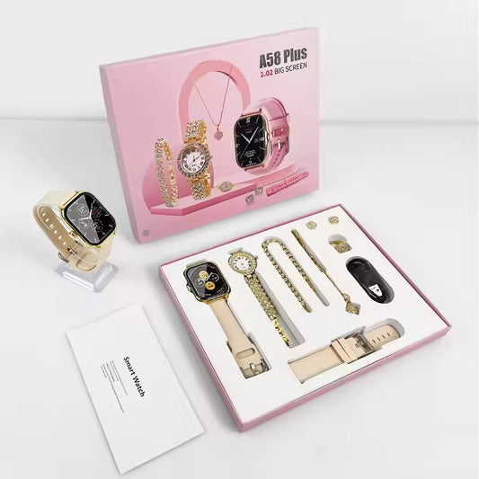 Montre Femme Luxe & Smartwatch Rose – Coffret Élégant avec Bijoux Strass